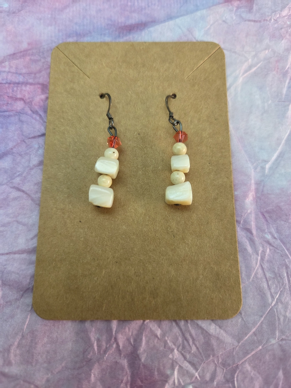 Handmade Cream Bead Dangle Earrings with Coral Accent